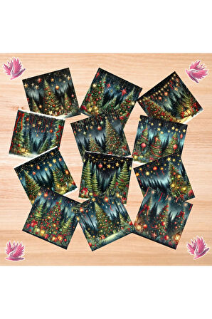 Işıklı Yılbaşı Gece Manzarası Vintage 12 Adet Scrapbook Bullet Journal Mat Planlayıcı Sticker Etiket