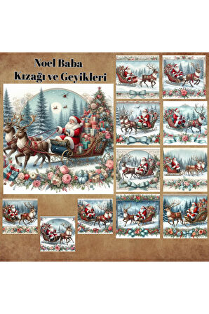 Noel Baba Kızağı ve Geyikler Vintage 12 Adet Scrapbook Bullet Journal Mat Planlayıcı Sticker Etiket