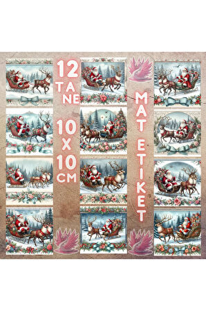 Noel Baba Kızağı ve Geyikler Vintage 12 Adet Scrapbook Bullet Journal Mat Planlayıcı Sticker Etiket