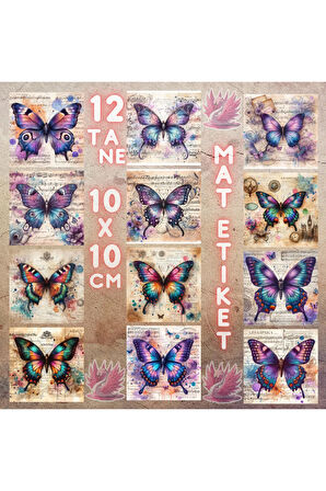 Nota Kağıdında Kelebekler Vintage 12 Adet Scrapbook Bullet Journal Mat Planlayıcı Sticker Etiket