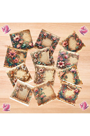 Pembe Zambak Çerçeveli Vintage 12 Adet Scrapbook Bullet Journal Mat Planlayıcı Sticker Etiket Seti