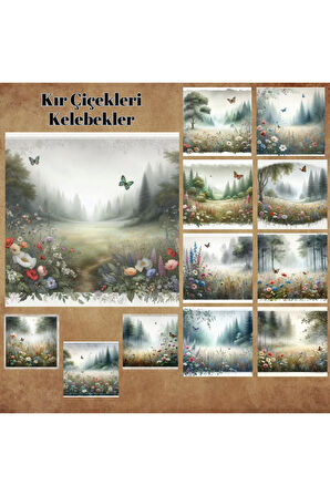 Kır Çiçekleri ve Kelebekler Vintage 12 Adet Scrapbook Bullet Journal Mat Planlayıcı Sticker Etiket