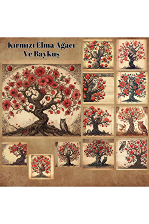 Elma Ağacı ve Baykuşlar Vintage 12 Adet Scrapbook Bullet Journal Mat Planlayıcı Sticker Etiket Seti