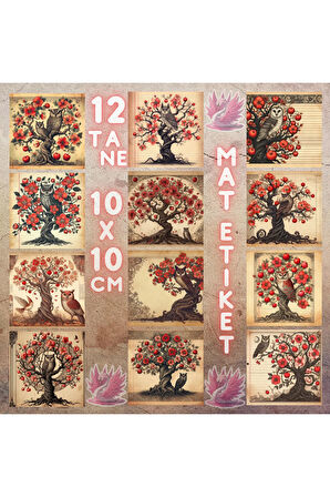 Elma Ağacı ve Baykuşlar Vintage 12 Adet Scrapbook Bullet Journal Mat Planlayıcı Sticker Etiket Seti