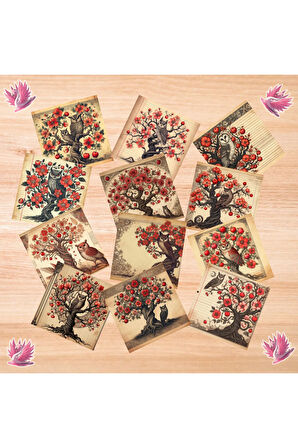 Elma Ağacı ve Baykuşlar Vintage 12 Adet Scrapbook Bullet Journal Mat Planlayıcı Sticker Etiket Seti