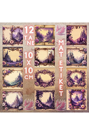Mor Temalı Ortaçağ Kaleleri Vintage 12 Adet Scrapbook Bullet Journal Mat Planlayıcı Sticker Etiket