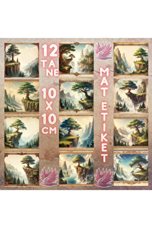 Yamaçta Ağaç ve Manzara Vintage 12 Adet Scrapbook Bullet Journal Mat Planlayıcı Sticker Etiket Seti