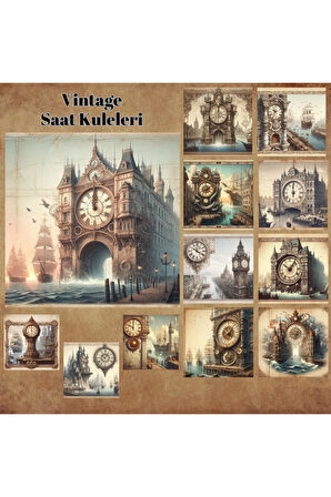 Saat Kuleleri Vintage 12 Adet Scrapbook Bullet Journal Mat Planlayıcı Sticker Etiket Seti