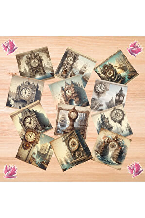 Saat Kuleleri Vintage 12 Adet Scrapbook Bullet Journal Mat Planlayıcı Sticker Etiket Seti
