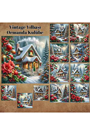 Yılbaşı Ormanda Kulübe Vintage 12 Adet Scrapbook Bullet Journal Mat Planlayıcı Sticker Etiket Seti