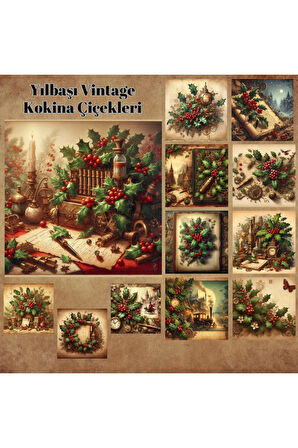 Yılbaşı Kokina Çiçekleri Vintage 12 Adet Scrapbook Bullet Journal Mat Planlayıcı Sticker Etiket Seti
