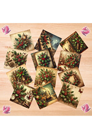 Yılbaşı Kokina Çiçekleri Vintage 12 Adet Scrapbook Bullet Journal Mat Planlayıcı Sticker Etiket Seti