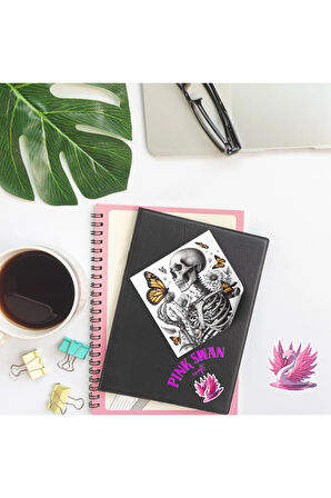 Çiçekli Kelebek Tutan İskeletler 12 Adet Scrapbook Bullet Journal Mat Planlayıcı Sticker Etiket Seti