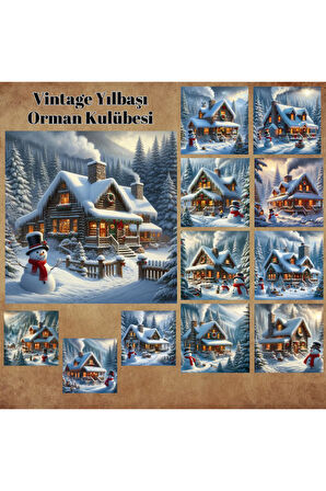Yılbaşı Orman Kulübeleri Vintage 12 Adet Scrapbook Bullet Journal Mat Planlayıcı Sticker Etiket Seti