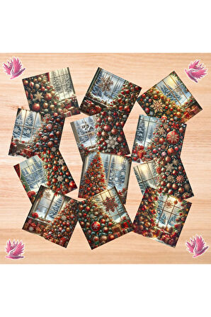 Yılbaşı Ağacı ve Hediyeler Vintage 12 Adet Scrapbook Bullet Journal Mat Planlayıcı Sticker Etiket