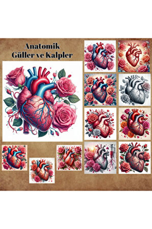 Anatomik Kalpler ve Güller Vintage 12 Adet Scrapbook Bullet Journal Mat Planlayıcı Sticker Etiket