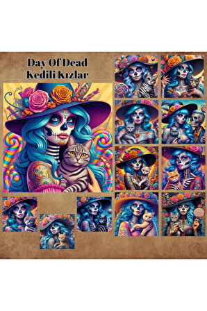 Day Of Dead Kedili Kızlar 12 Adet Scrapbook Bullet Journal Mat Planlayıcı Sticker Etiket Seti