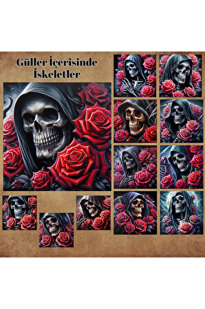 Güller İçerisinde İskeletler Vintage 12 Adet Scrapbook Bullet Journal Mat Planlayıcı Sticker Etiket
