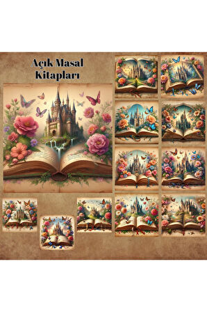 Açık Masal Kitapları Vintage 12 Adet Scrapbook Bullet Journal Mat Planlayıcı Sticker Etiket Seti