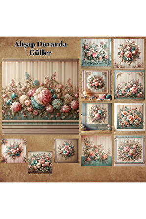 Ahşap Duvarda Güller Vintage 12 Adet Scrapbook Bullet Journal Mat Planlayıcı Sticker Etiket Seti