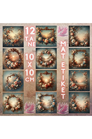 Çiçekli Çerçevede Gün Batımı Vintage 12 Adet Scrapbook Bullet Journal Mat Planlayıcı Sticker Etiket