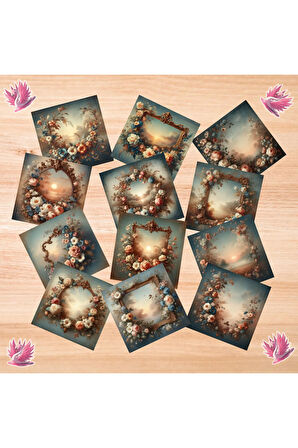 Çiçekli Çerçevede Gün Batımı Vintage 12 Adet Scrapbook Bullet Journal Mat Planlayıcı Sticker Etiket