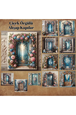 Çiçek Örgülü Ahşap Kapılar Vintage 12 Adet Scrapbook Bullet Journal Mat Planlayıcı Sticker Etiket