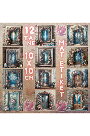Çiçek Örgülü Ahşap Kapılar Vintage 12 Adet Scrapbook Bullet Journal Mat Planlayıcı Sticker Etiket