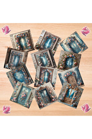 Çiçek Örgülü Ahşap Kapılar Vintage 12 Adet Scrapbook Bullet Journal Mat Planlayıcı Sticker Etiket