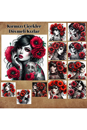 Kırmızı Çiçekler ve Dövmeli Kızlar 12 Adet Scrapbook Bullet Journal Mat Planlayıcı Sticker Etiket