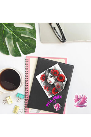 Kırmızı Çiçekler ve Dövmeli Kızlar 12 Adet Scrapbook Bullet Journal Mat Planlayıcı Sticker Etiket