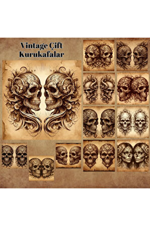 İkiz Kurukafalar Vintage 12 Adet Scrapbook Bullet Journal Mat Planlayıcı Sticker Etiket Seti