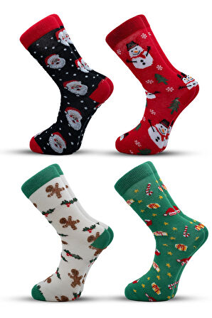 Stocalze Unisex Soket Çorap. Noel ve Yılbaşı Temalı 4 Farklı Desenli ve Renkli Kutulu Pamuklu Çorap Seti.
