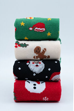 Stocalze Unisex Soket Çorap. Noel ve Yılbaşı Temalı 4 Farklı Desenli ve Renkli Kutulu Pamuklu Çorap Seti.