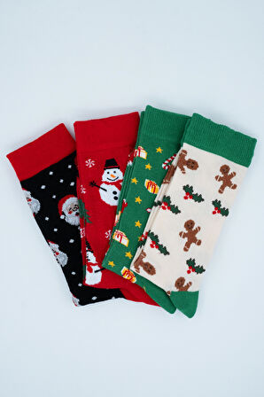 Stocalze Unisex Soket Çorap. Noel ve Yılbaşı Temalı 4 Farklı Desenli ve Renkli Kutulu Pamuklu Çorap Seti.