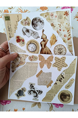 Vintage Scrapbook Elementler Etiket Seti, Bullet Journal, Planlayıcı Sticker Seti
