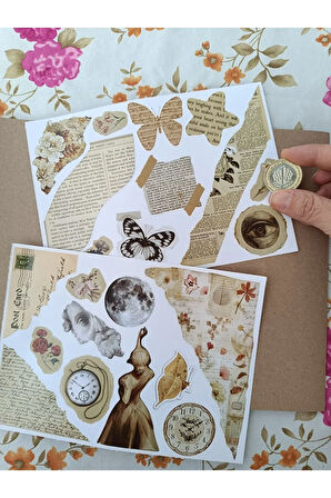 Vintage Scrapbook Elementler Etiket Seti, Bullet Journal, Planlayıcı Sticker Seti