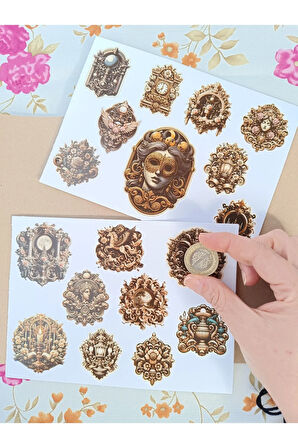 Vintage Scrapbook Viktoria Dönemi Bronz Renkli Etiket Seti, Bullet Journal, Planlayıcı Sticker Seti