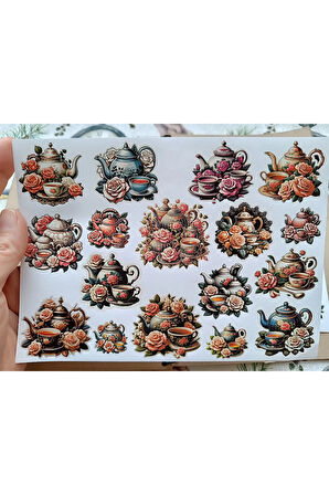 Vintage Scrapbook Çiçekli Seramik Çay Setleri Etiket Seti, Bullet Journal, Planlayıcı Sticker Seti