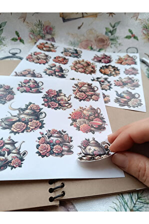 Vintage Scrapbook Çiçekli Seramik Çay Setleri Etiket Seti, Bullet Journal, Planlayıcı Sticker Seti