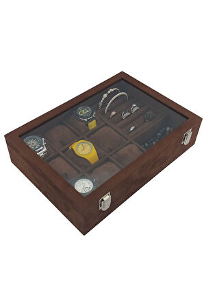 Saat Kutusu 9'lu Takı Bölmeli Alcantara Kahve