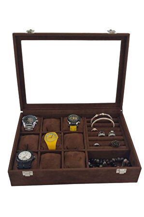 Saat Kutusu 9'lu Takı Bölmeli Alcantara Kahve