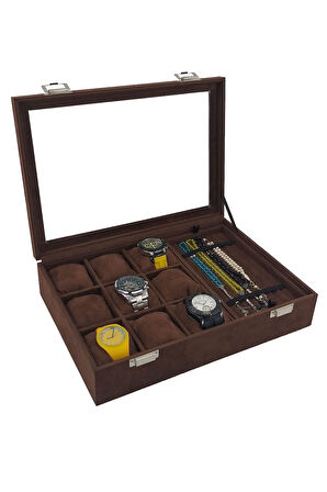 Saat Ve Tesbih Kutusu 9+ Tesbih Bölmeli Alcantara Kahve