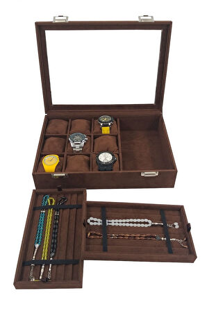 Saat Ve Tesbih Kutusu 9+ Tesbih Bölmeli Alcantara Kahve