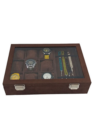 Saat Ve Tesbih Kutusu 9+ Tesbih Bölmeli Alcantara Kahve