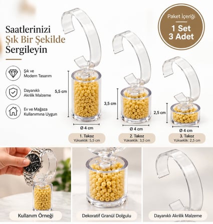 Saat Standı 3'lü Set Sarı Boncuklu – Pleksi