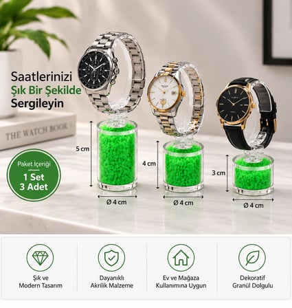 Saat Standı 3'lü Set Taşlı Model Yeşil – Pleksi