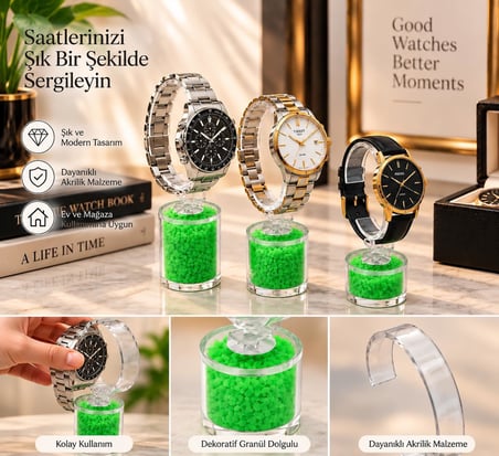 Saat Standı 3'lü Set Taşlı Model Yeşil – Pleksi