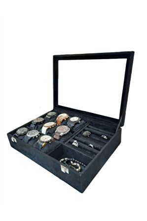 Saat Kutusu 9'lu Takı Bölmeli Alcantara Siyah