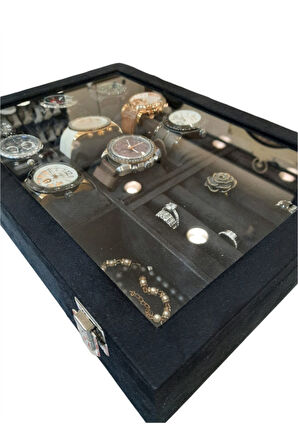 Saat Kutusu 9'lu Takı Bölmeli Alcantara Siyah